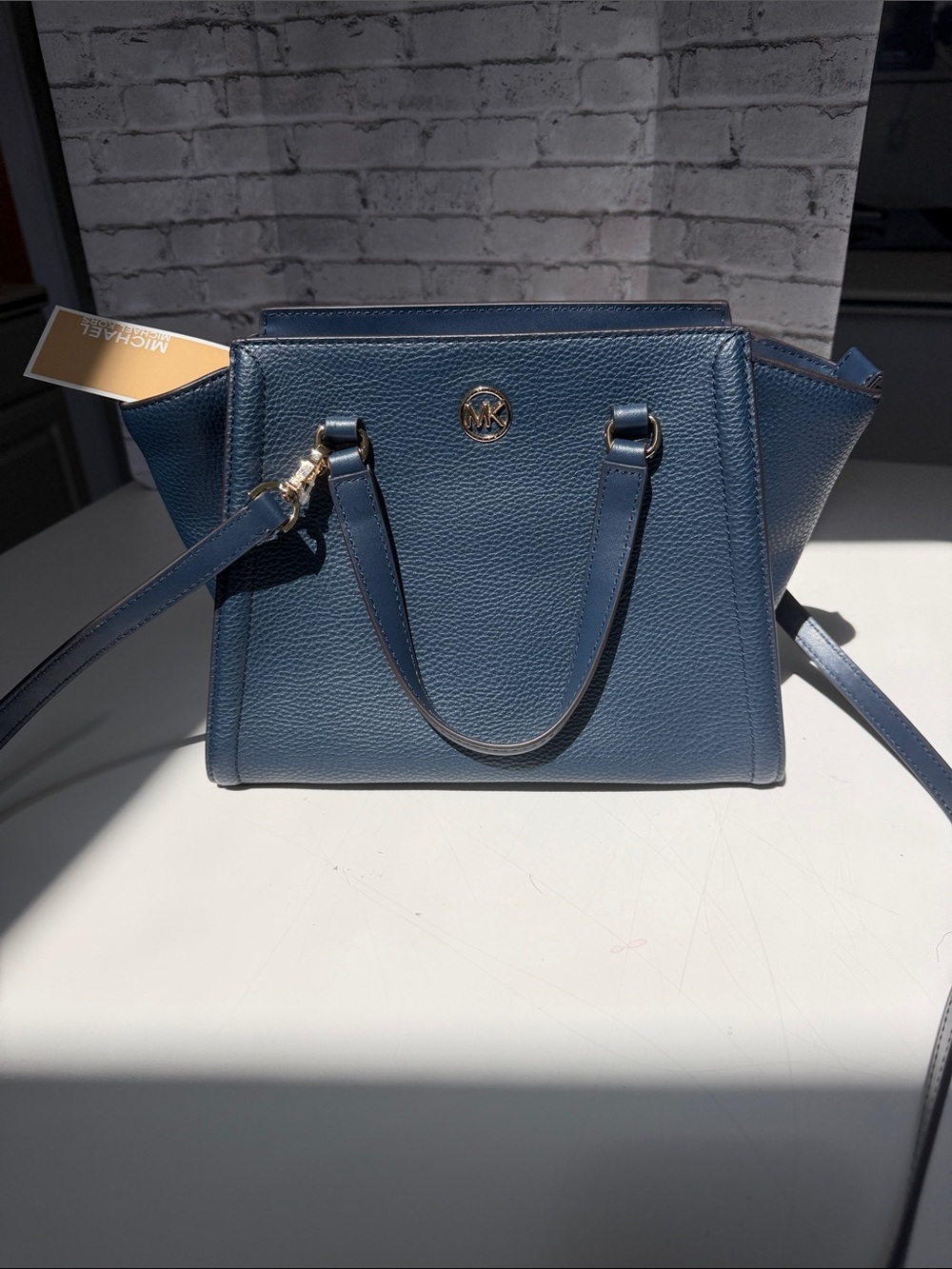 Michael Kors Navy Blue Pebbled Leather Satchel with Gold Hardware